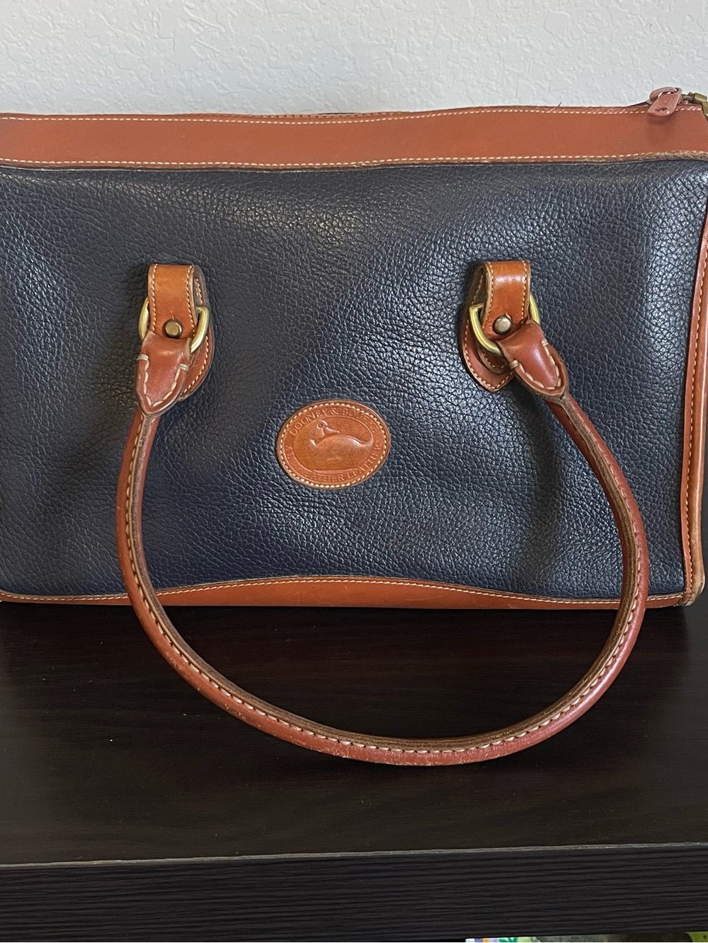 Vintage Dooney & Bourke AWL Navy and Brown Pebbled Leather Satchel